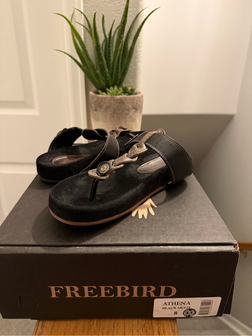 freebird Black and Metallic Thong Sandals